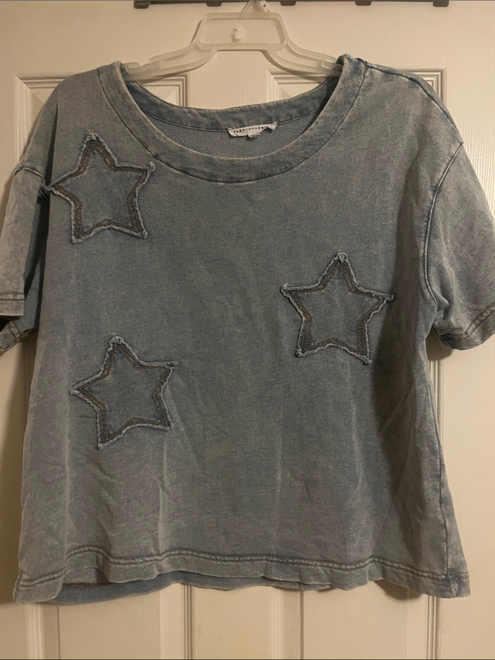 Jane and Delancey Distressed Washed Light Blue Star Appliqué Tee